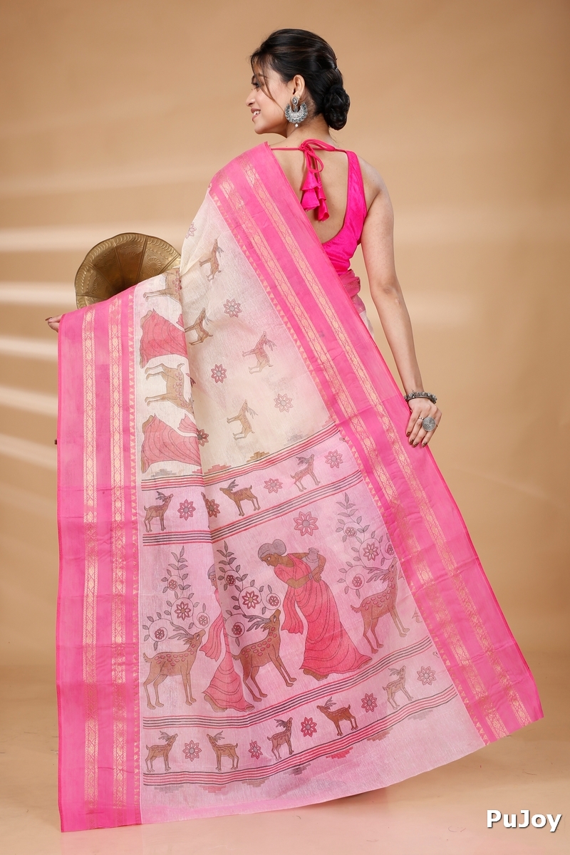 Pink Pure Cotton Sakuntala Tant Saree Print (1855)