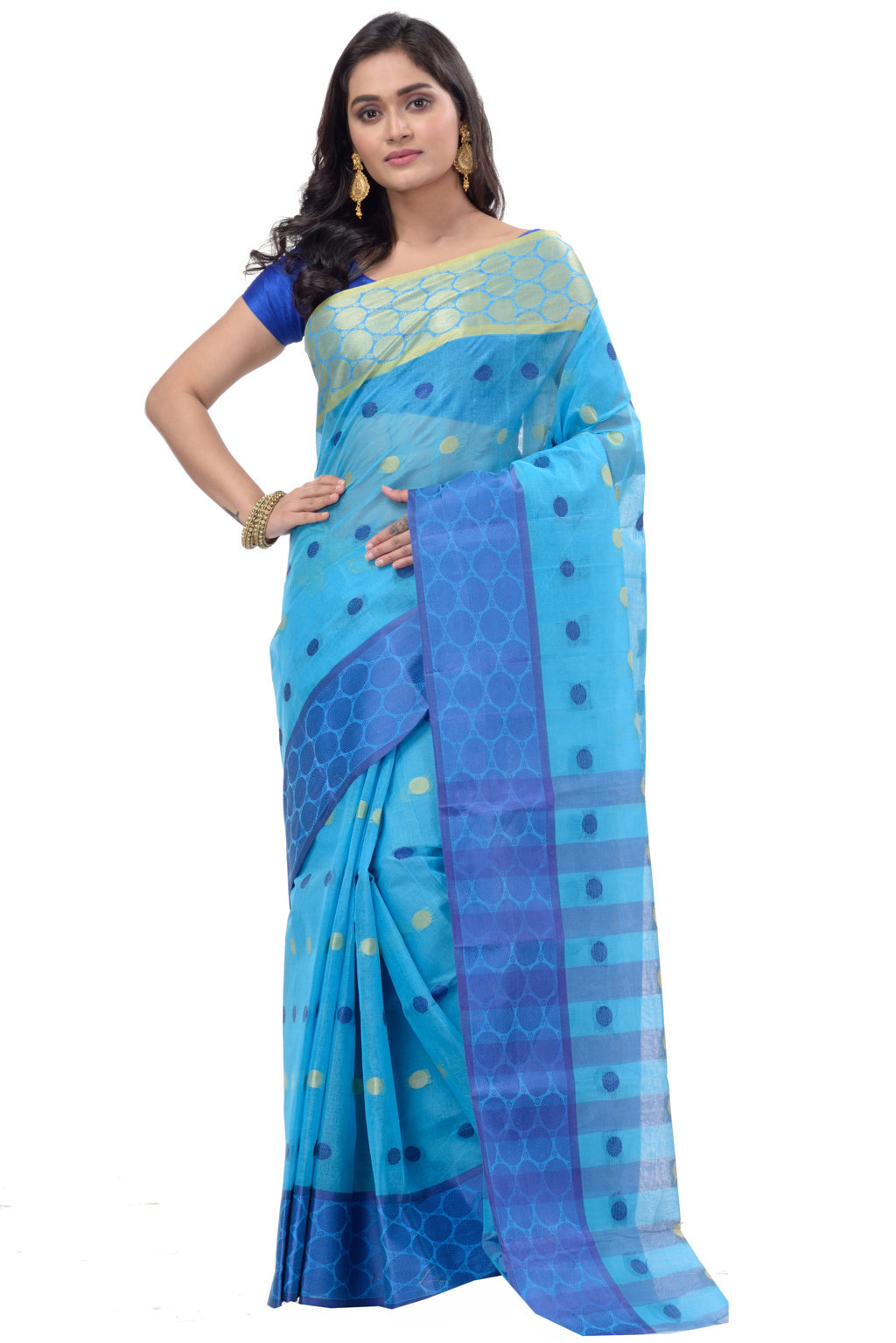 Blue Pure Cotton Ganga Jamuna Tant Saree (1861)