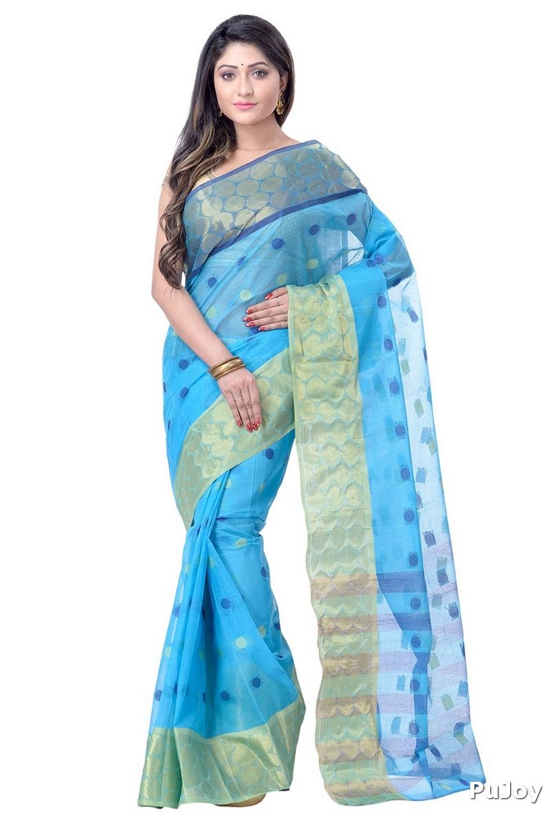 Blue Pure Cotton Ganga Jamuna Tant Saree (1861)