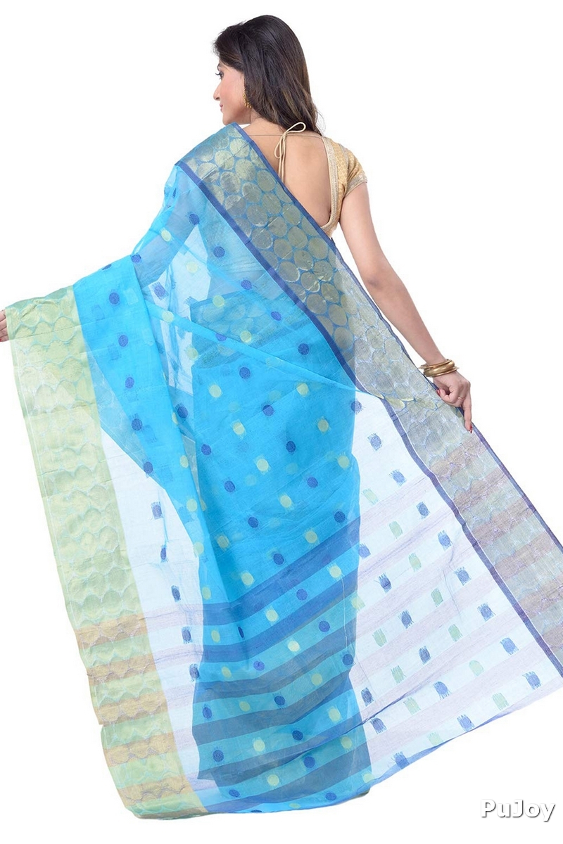 Blue Pure Cotton Ganga Jamuna Tant Saree (1861)
