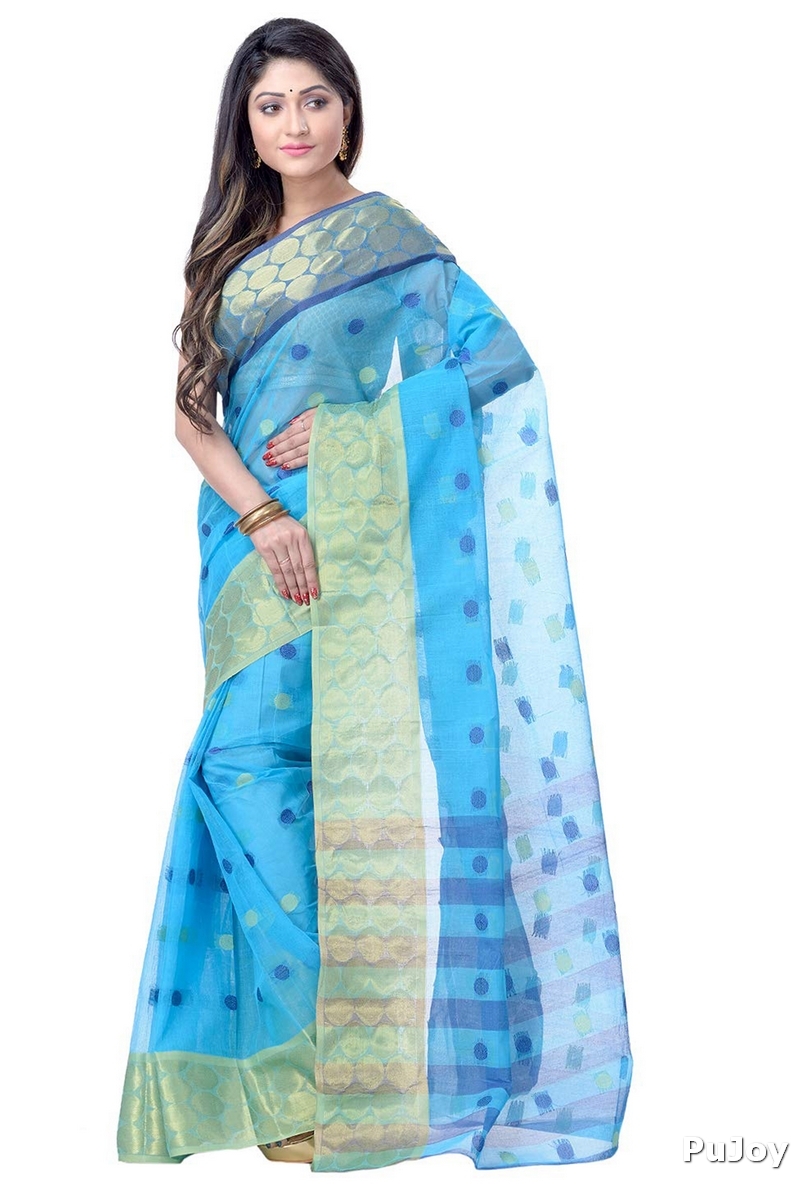 Blue Pure Cotton Ganga Jamuna Tant Saree (1861)