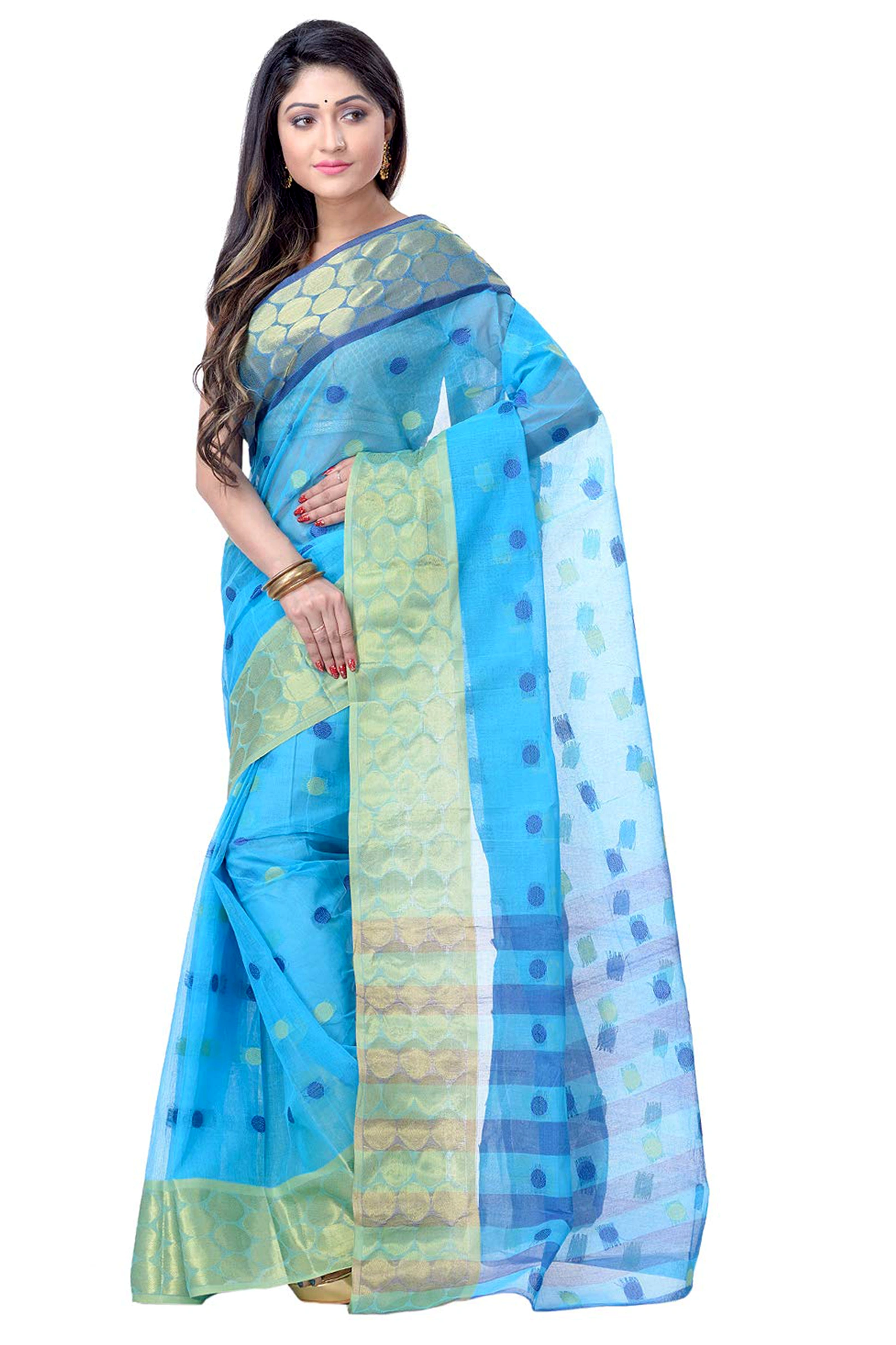 Blue Pure Cotton Ganga Jamuna Tant Saree (1861)