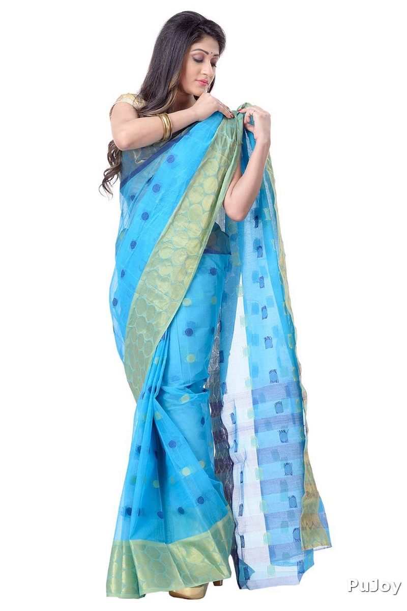 Blue Pure Cotton Ganga Jamuna Tant Saree (1861)