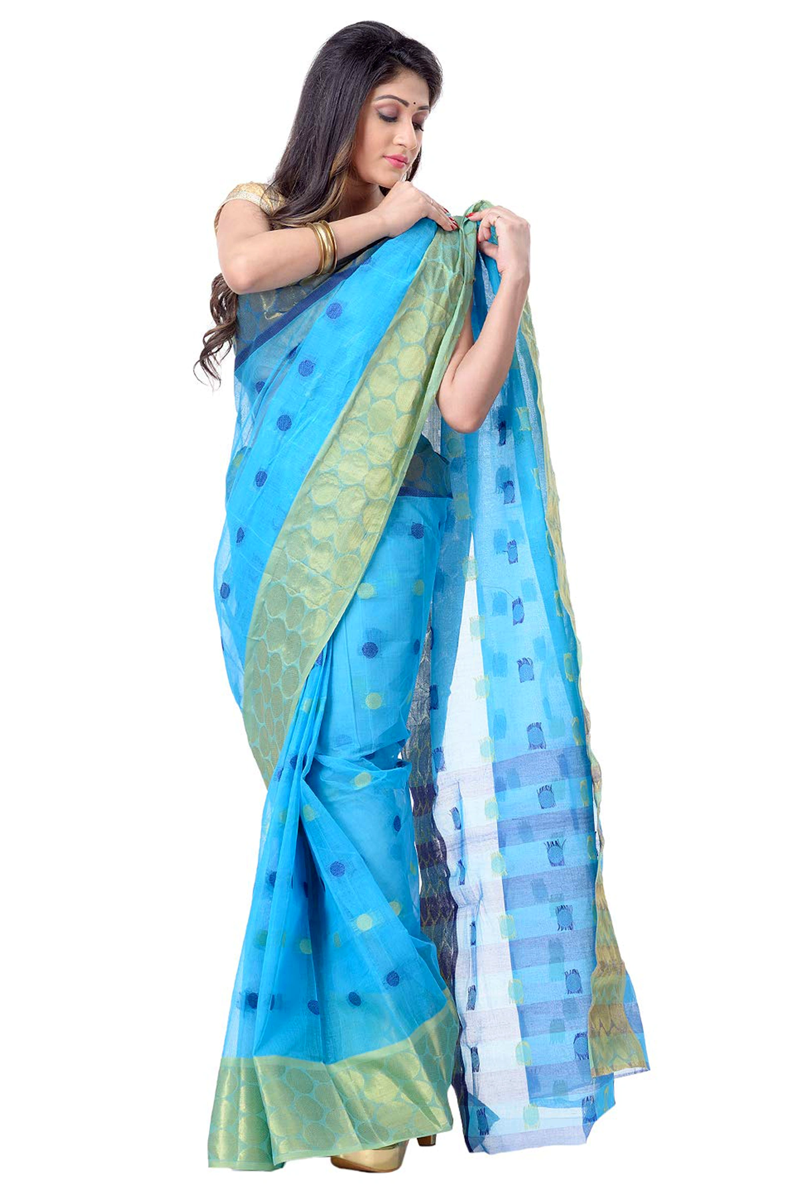 Blue Pure Cotton Ganga Jamuna Tant Saree (1861)