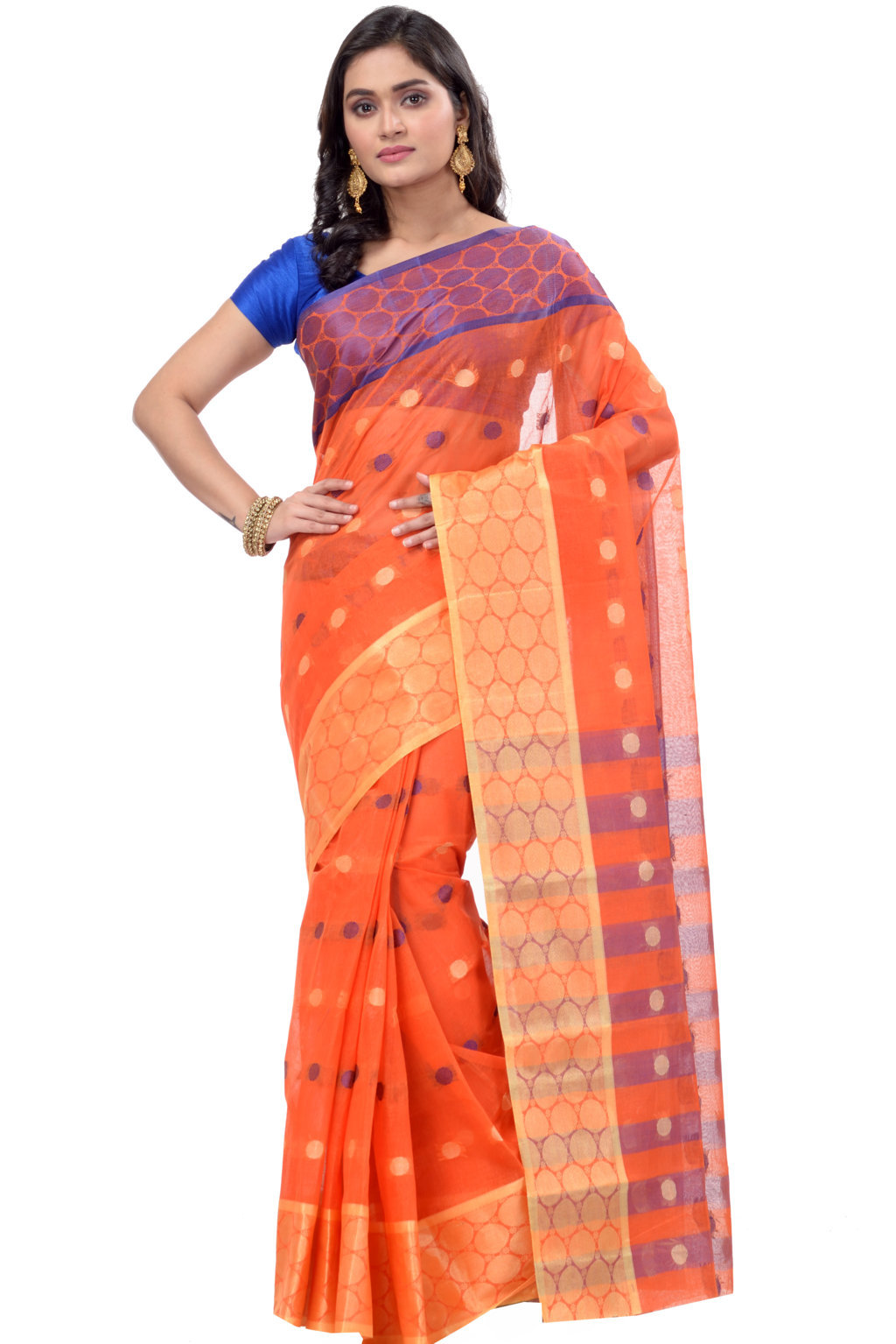 Orange Pure Cotton Ganga Jamuna Tant Saree (1864)