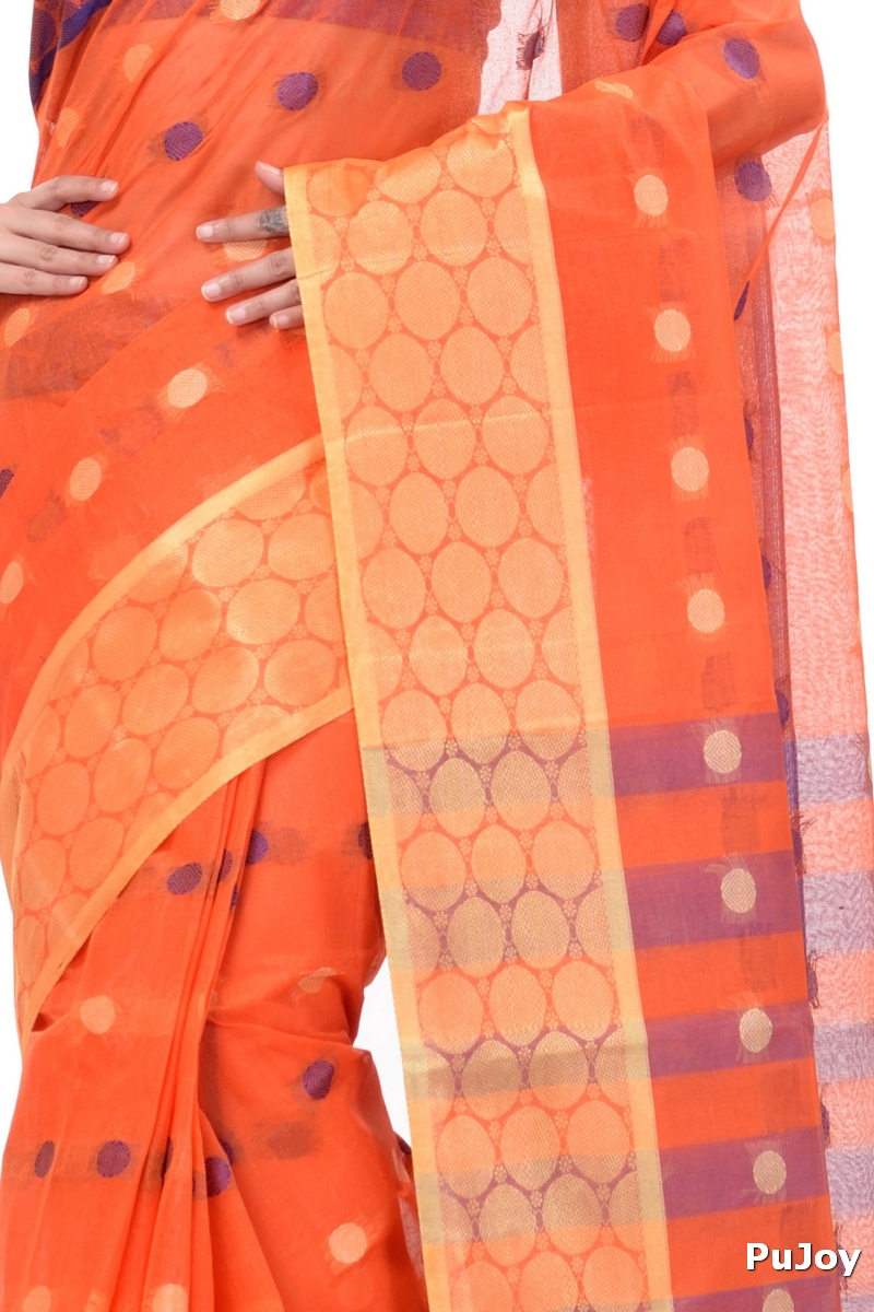 Orange Pure Cotton Ganga Jamuna Tant Saree (1864)