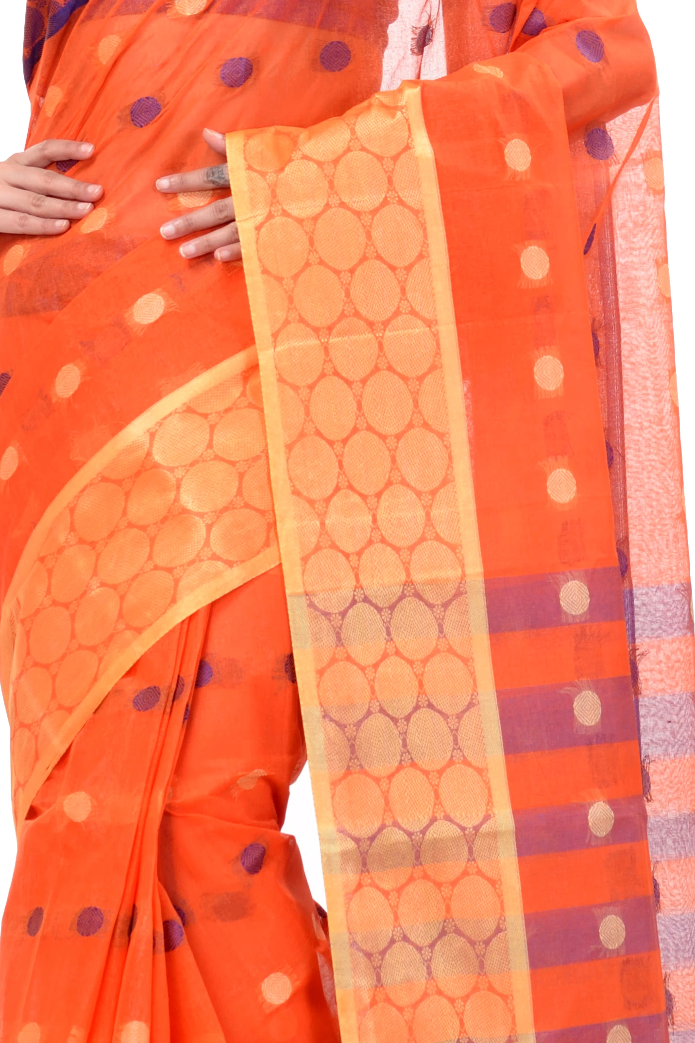 Orange Pure Cotton Ganga Jamuna Tant Saree (1864)