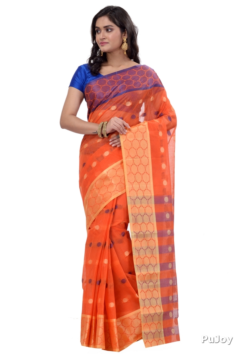 Orange Pure Cotton Ganga Jamuna Tant Saree (1864)