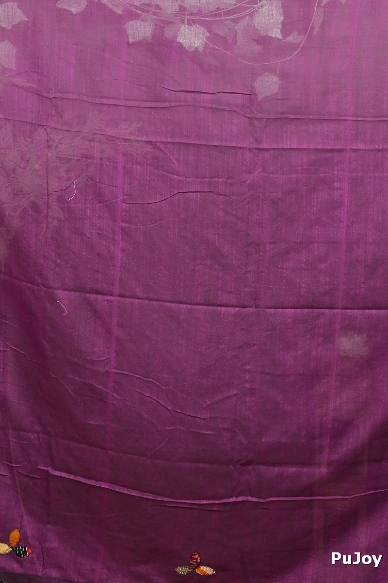 Orchid Purple Pure Cotton Pakhi Kantha Stitch Saree (1877)