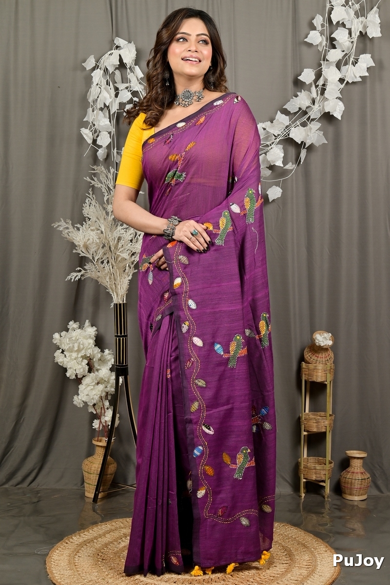 Orchid Purple Pure Cotton Pakhi Kantha Stitch Saree (1877)