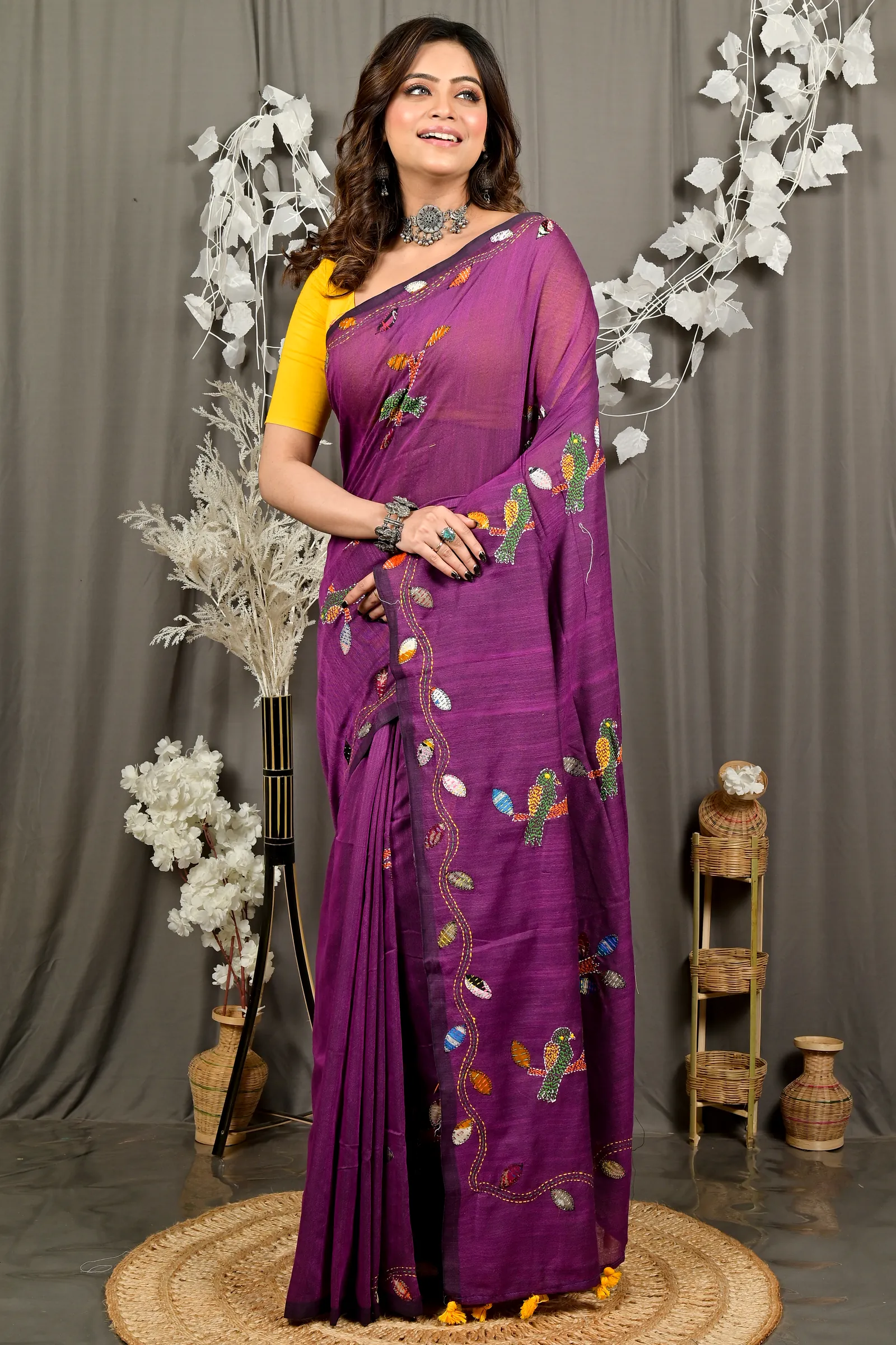 Orchid Purple Pure Cotton Pakhi Kantha Stitch Saree (1877)