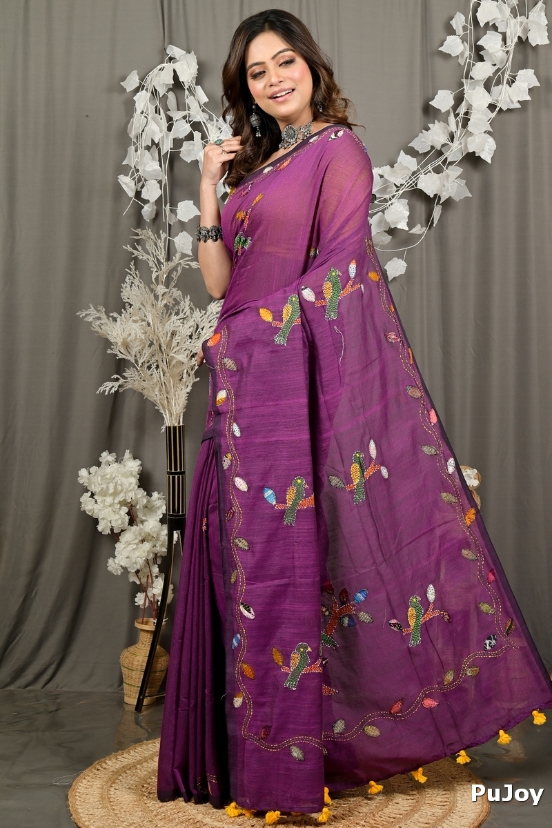 Orchid Purple Pure Cotton Pakhi Kantha Stitch Saree (1877)