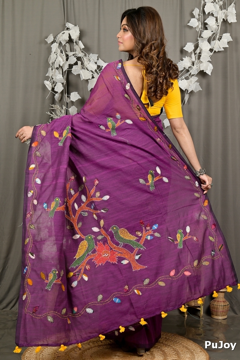 Orchid Purple Pure Cotton Pakhi Kantha Stitch Saree (1877)