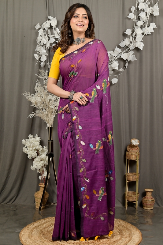 Orchid Purple Pure Cotton Pakhi Kantha Stitch Saree (1877)