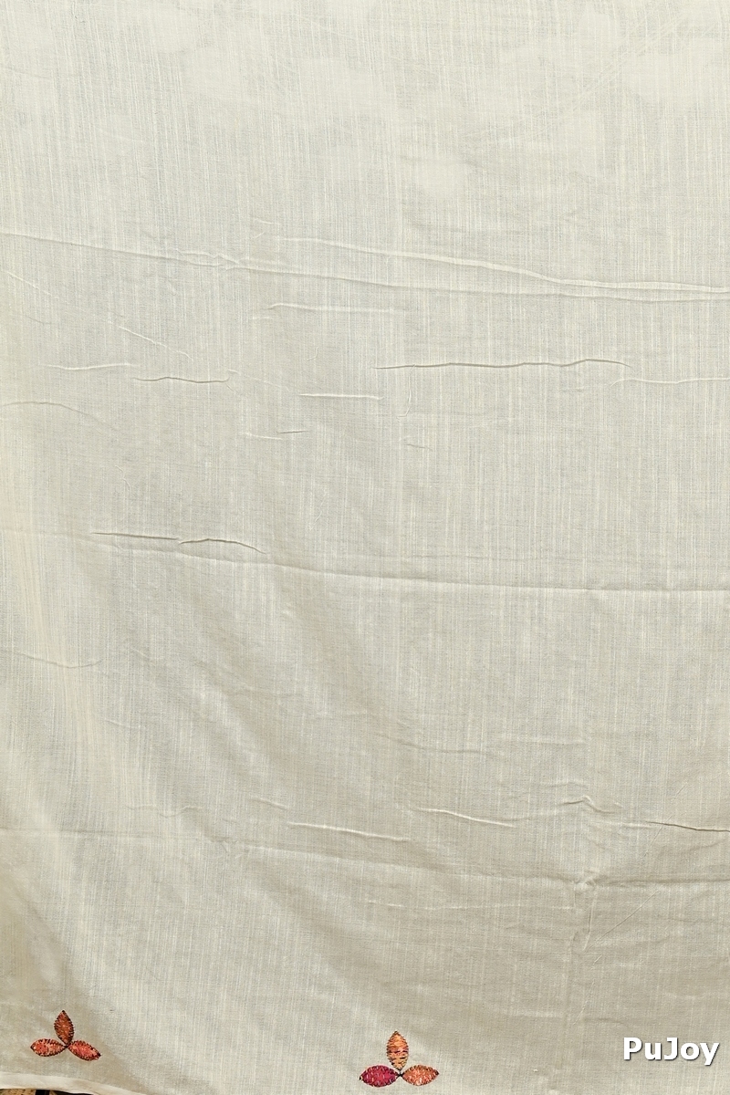 Off-White Pure Cotton Pakhi Kantha Stitch Saree (1878)