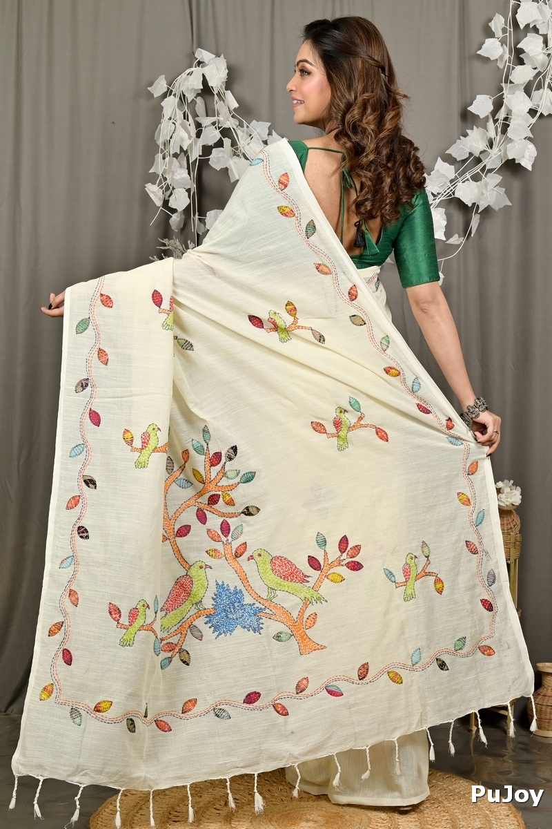 Off-White Pure Cotton Pakhi Kantha Stitch Saree (1878)
