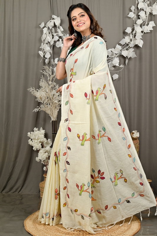 Off-White Pure Cotton Pakhi Kantha Stitch Saree (1878)