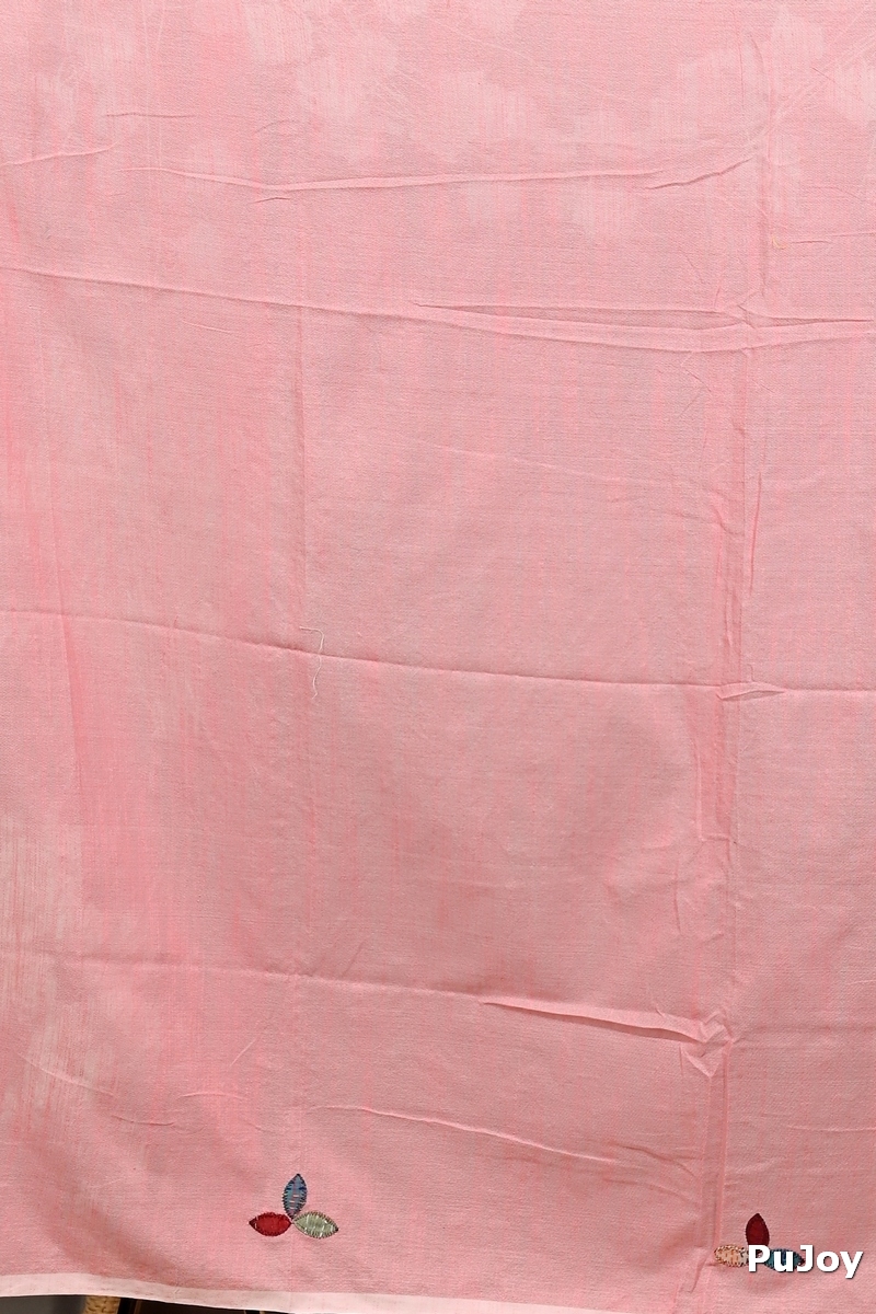Baby Pink Pure Cotton Pakhi Kantha Stitch Saree (1879)