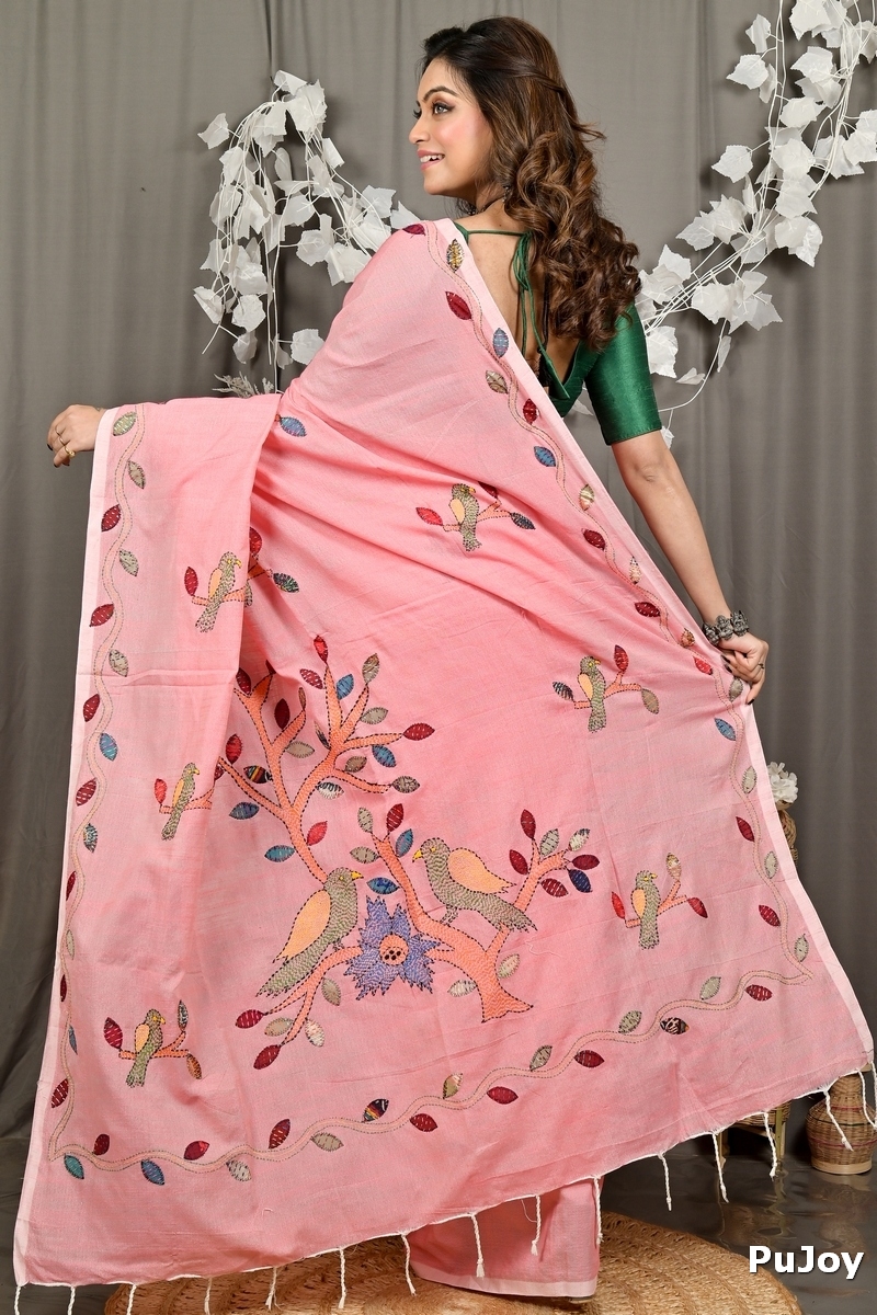 Baby Pink Pure Cotton Pakhi Kantha Stitch Saree (1879)