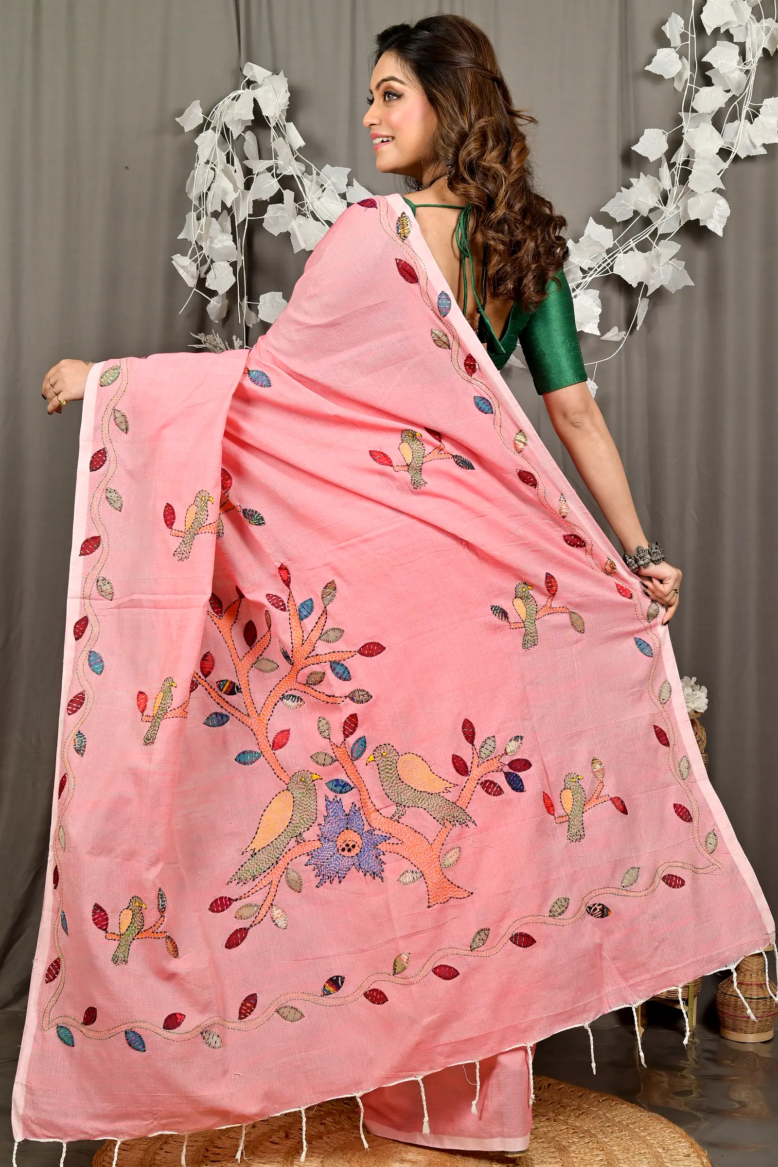 Baby Pink Pure Cotton Pakhi Kantha Stitch Saree (1879)