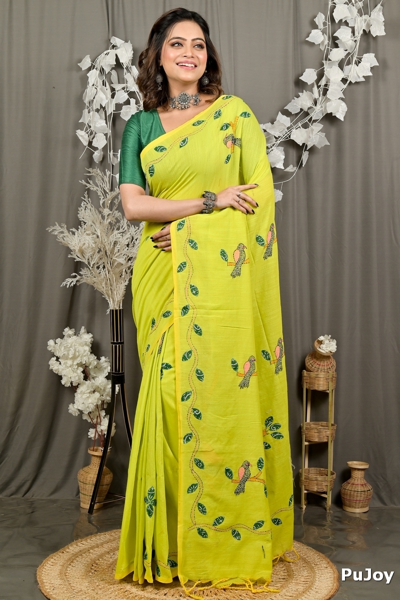 Lime Green Pure Cotton Pakhi Kantha Stitch Saree (1880)