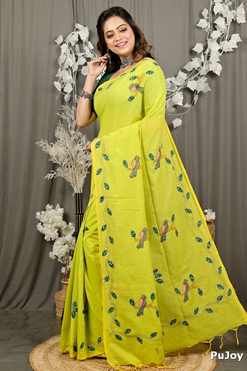 Lime Green Pure Cotton Pakhi Kantha Stitch Saree (1880)