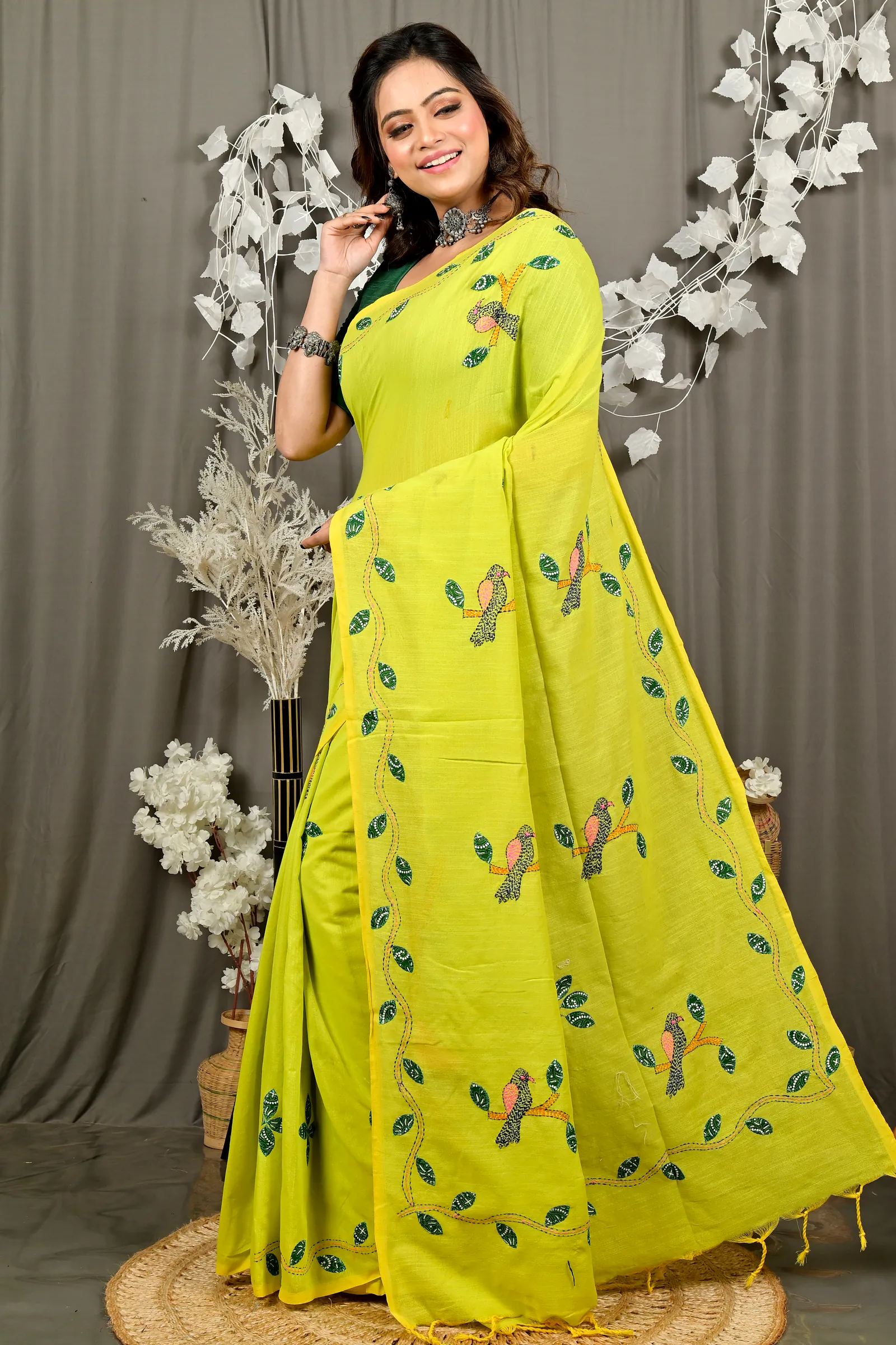Lime Green Pure Cotton Pakhi Kantha Stitch Saree (1880)