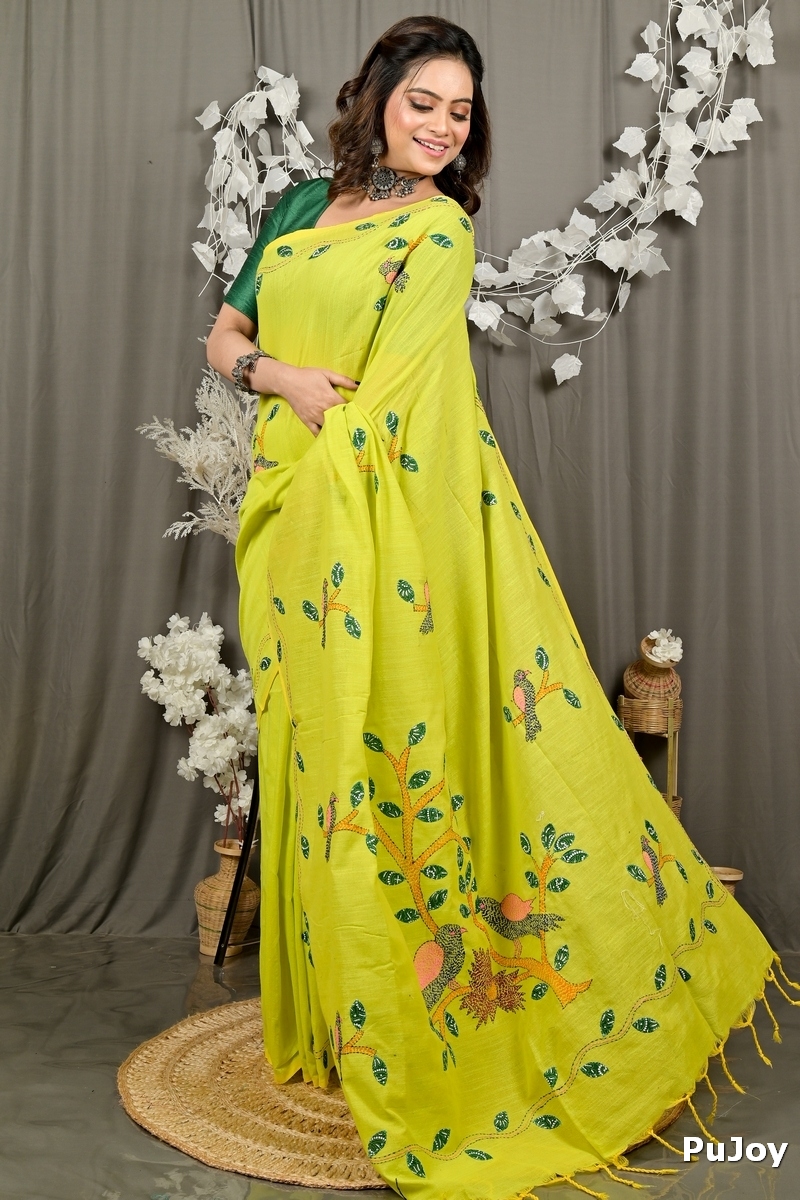 Lime Green Pure Cotton Pakhi Kantha Stitch Saree (1880)