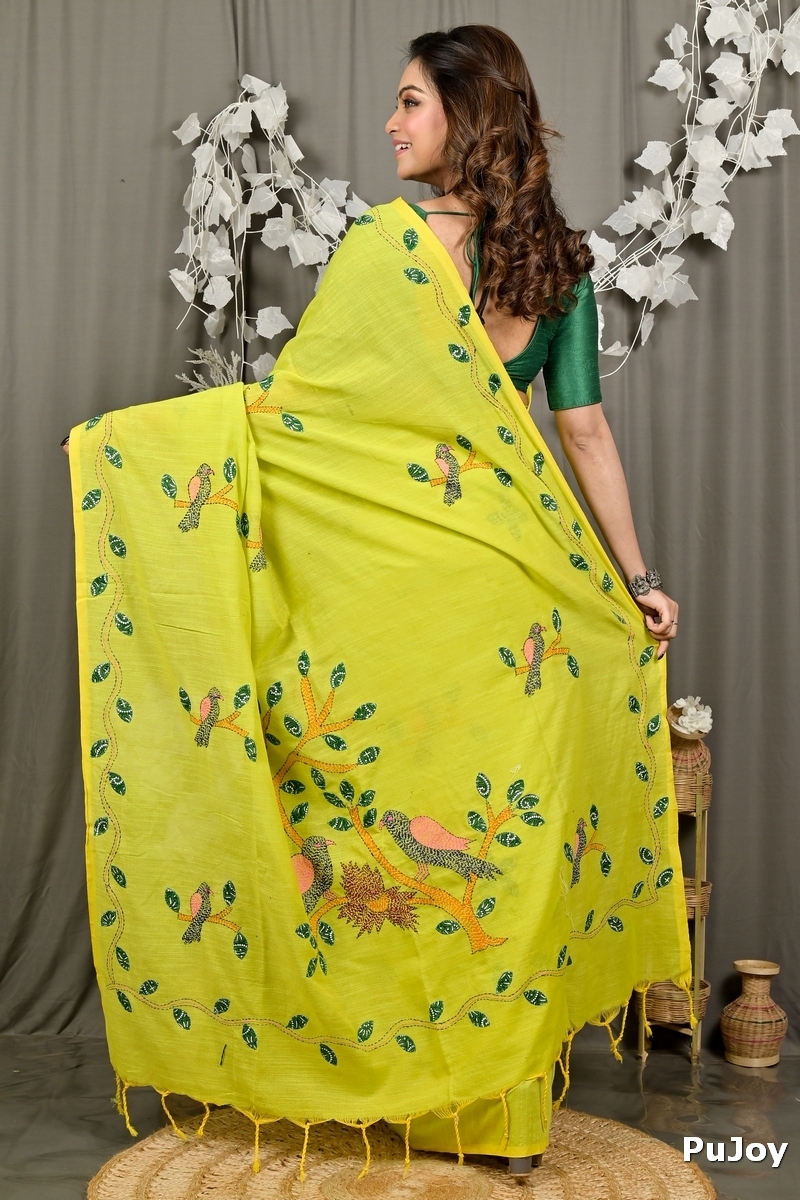 Lime Green Pure Cotton Pakhi Kantha Stitch Saree (1880)