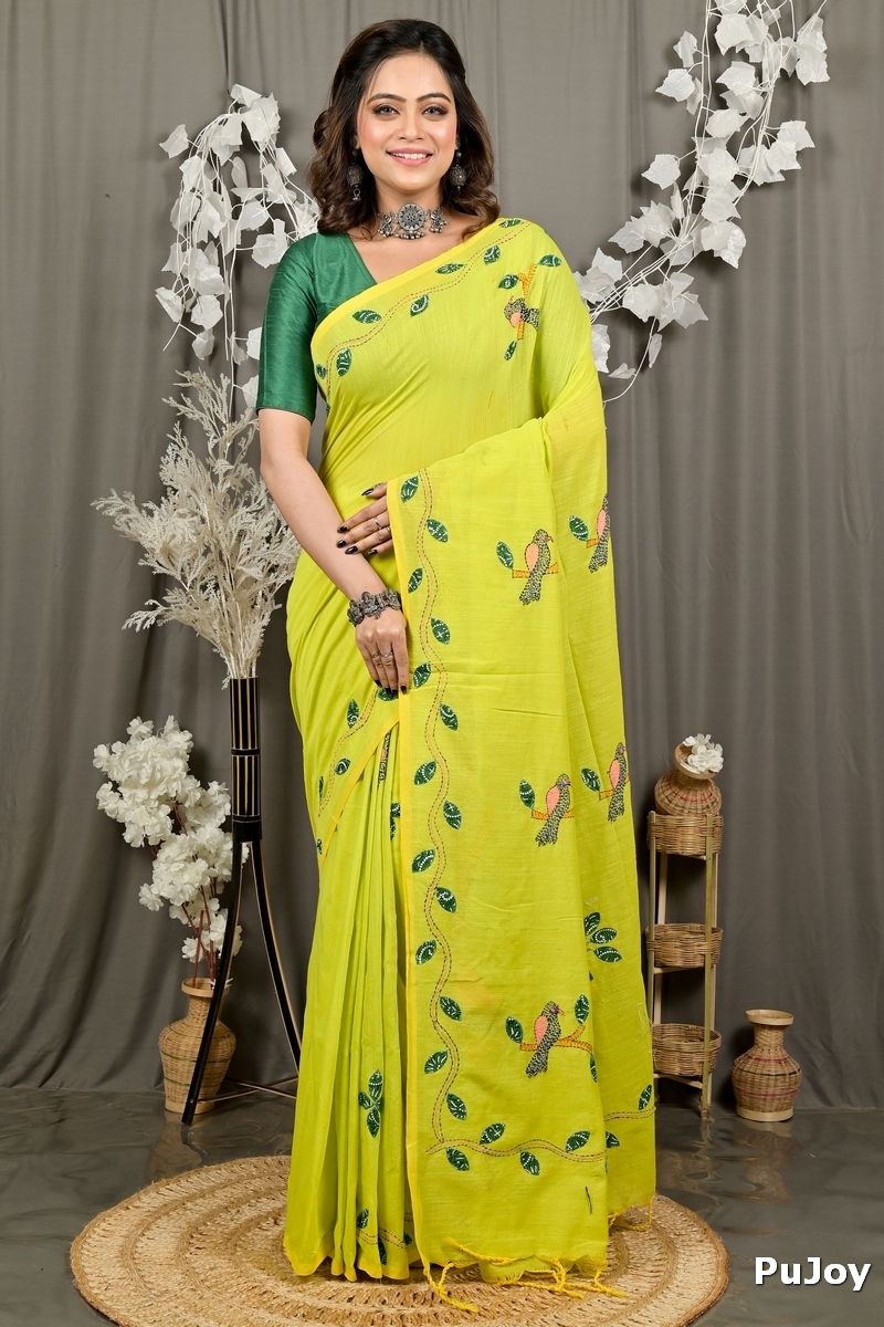 Lime Green Pure Cotton Pakhi Kantha Stitch Saree (1880)