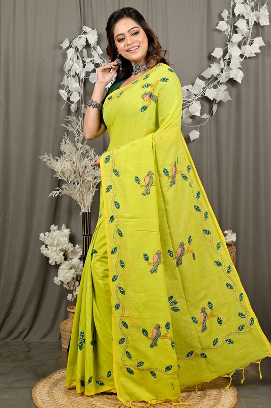 Lime Green Pure Cotton Pakhi Kantha Stitch Saree (1880)