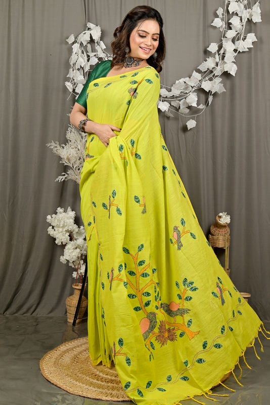 Lime Green Pure Cotton Pakhi Kantha Stitch Saree (1880)