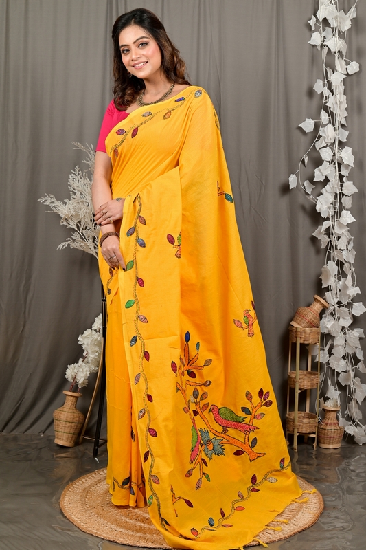 Yellow Pure Cotton Pakhi Kantha Stitch Saree (1881)