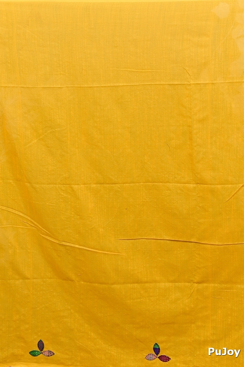 Yellow Pure Cotton Pakhi Kantha Stitch Saree (1881)