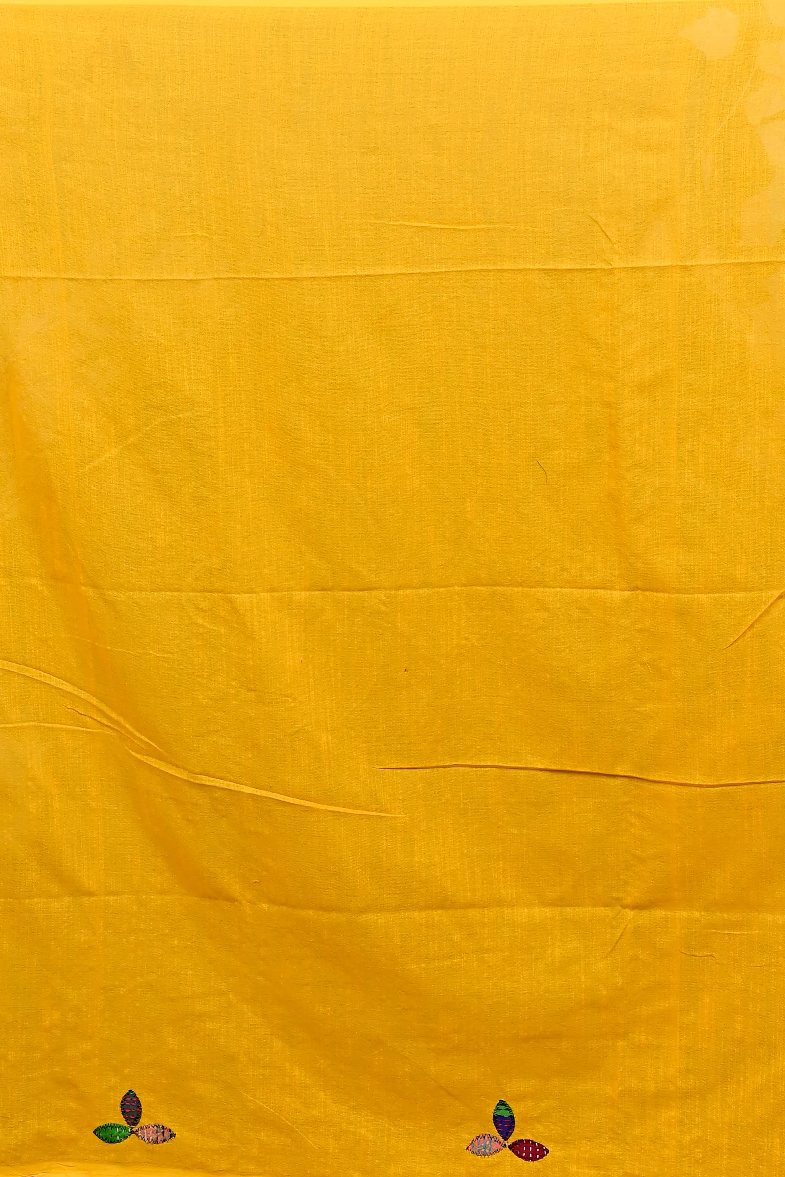 Yellow Pure Cotton Pakhi Kantha Stitch Saree (1881)