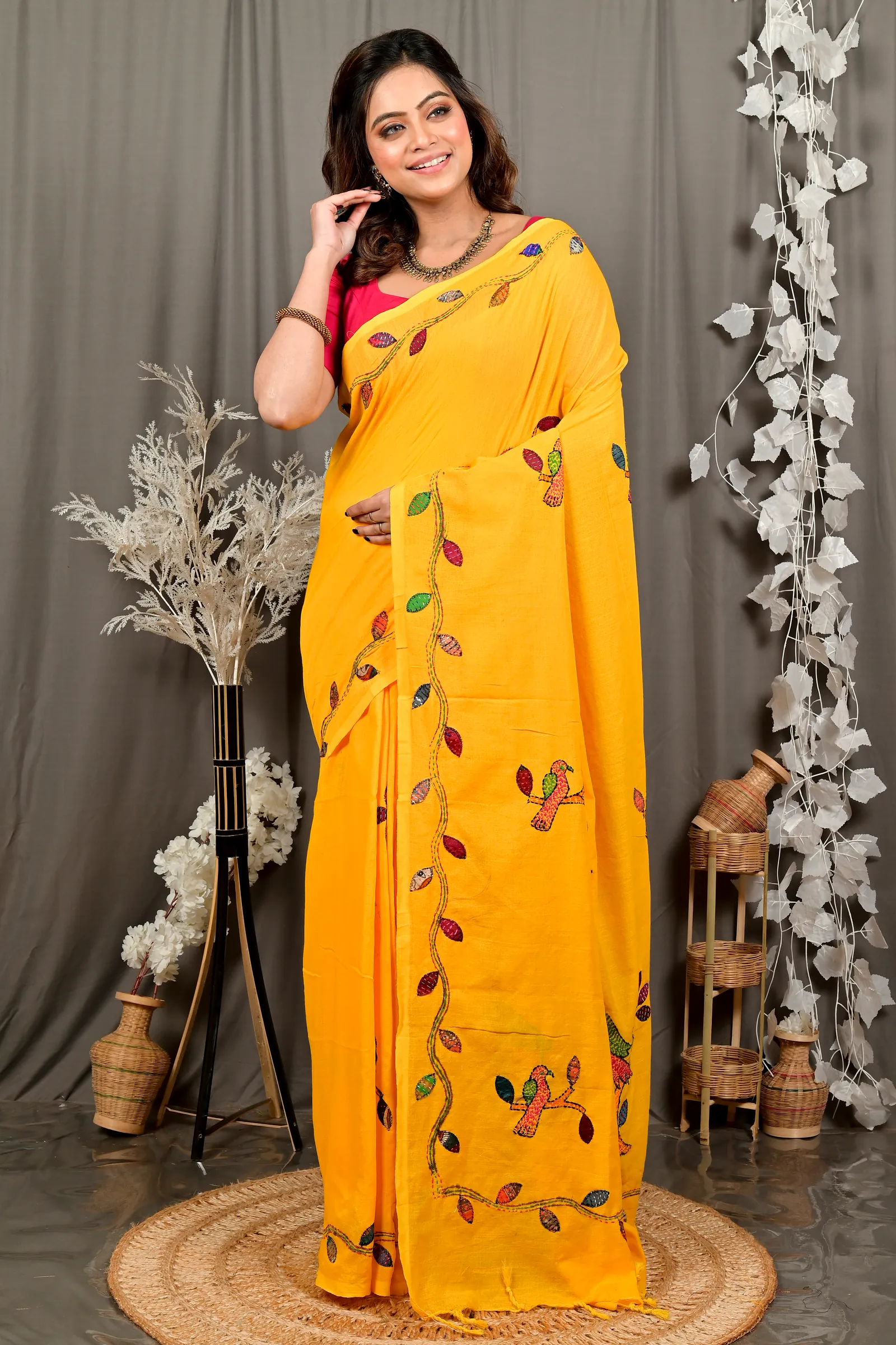 Yellow Pure Cotton Pakhi Kantha Stitch Saree (1881)
