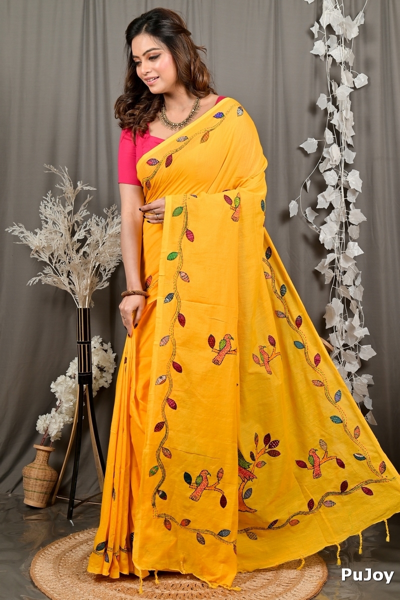 Yellow Pure Cotton Pakhi Kantha Stitch Saree (1881)