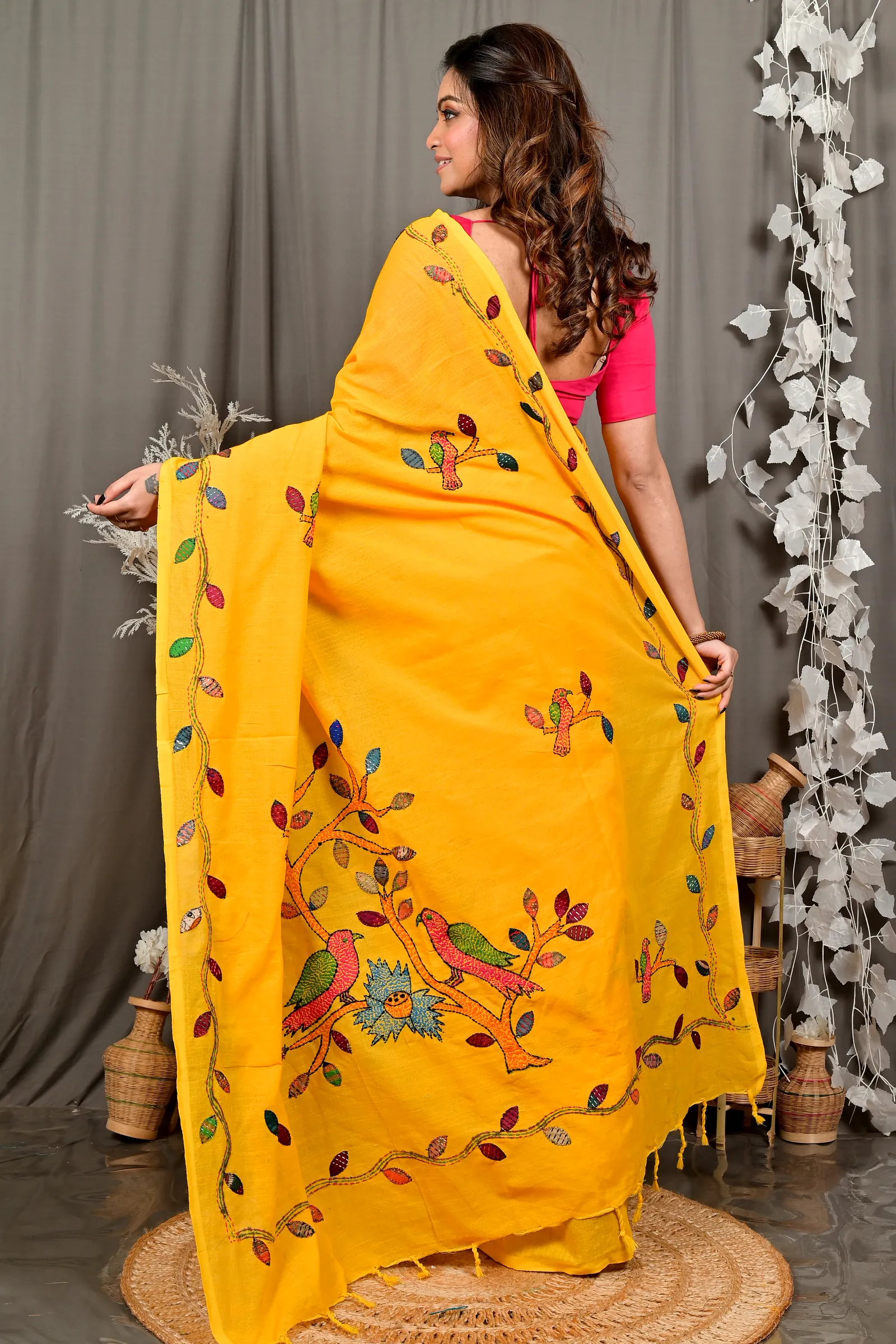 Yellow Pure Cotton Pakhi Kantha Stitch Saree (1881)