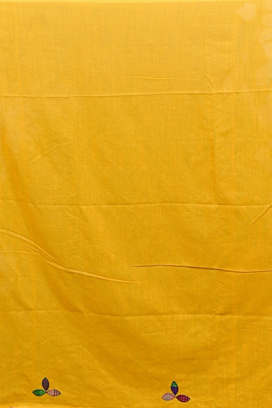 Yellow Pure Cotton Pakhi Kantha Stitch Saree (1881)