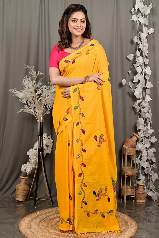 Yellow Pure Cotton Pakhi Kantha Stitch Saree (1881)