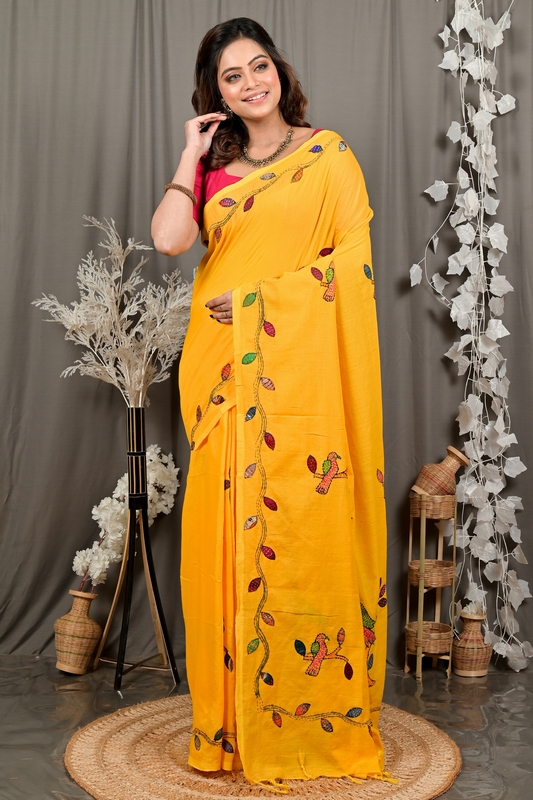 Yellow Pure Cotton Pakhi Kantha Stitch Saree (1881)