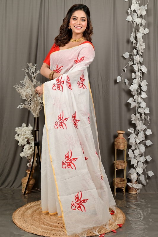 White Red Cotton Blend Variti embhand Embroidery Handloom saree (1883)