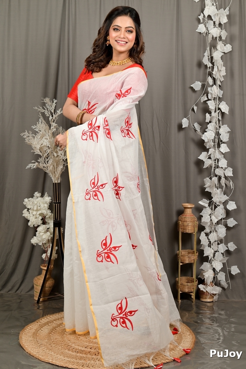 White Red Cotton Blend Variti embhand Embroidery Handloom saree (1883)