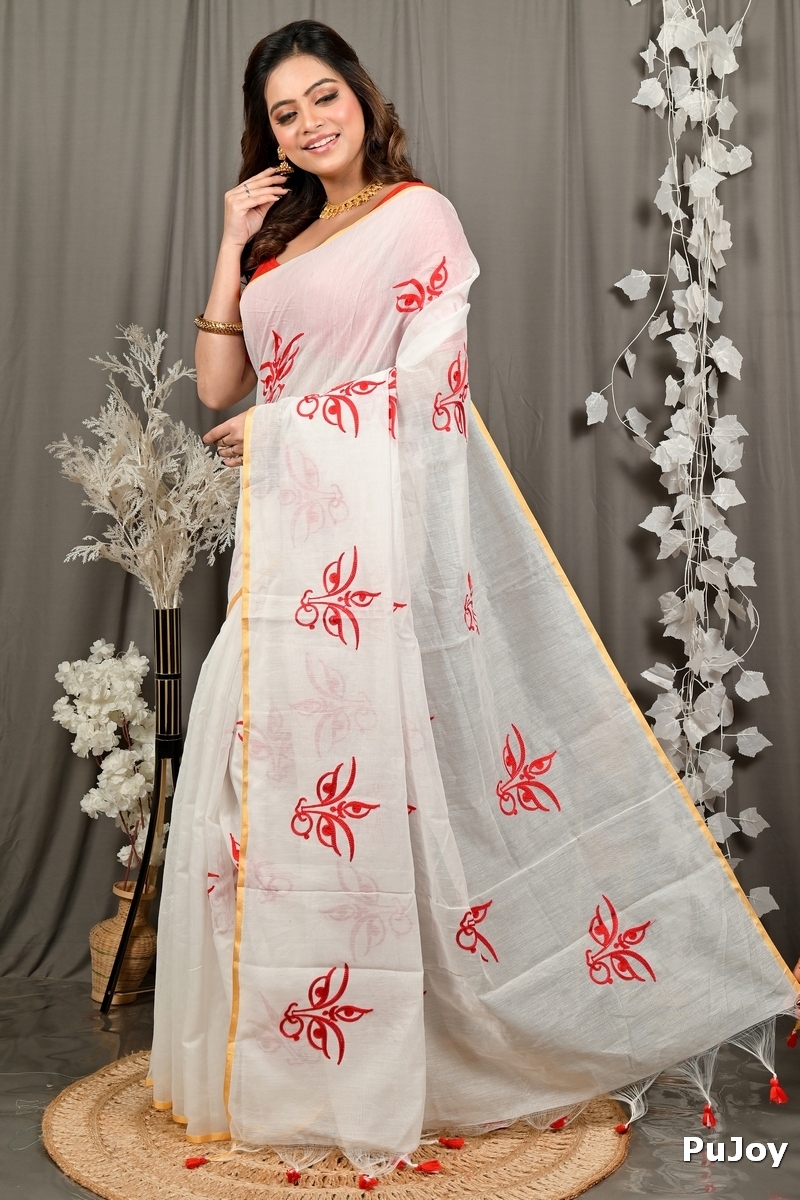 White Red Cotton Blend Variti embhand Embroidery Handloom saree (1883)
