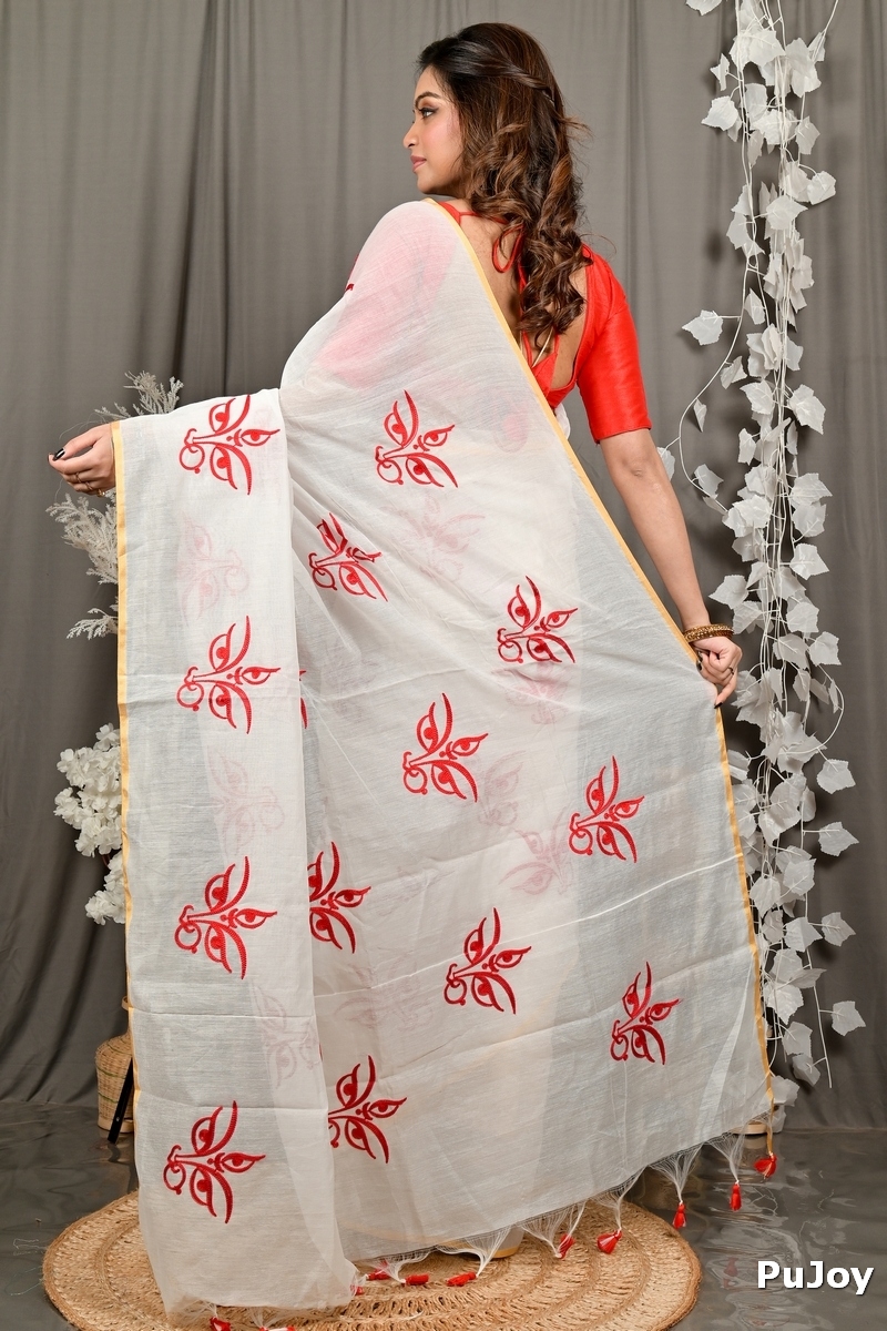 White Red Cotton Blend Variti embhand Embroidery Handloom saree (1883)