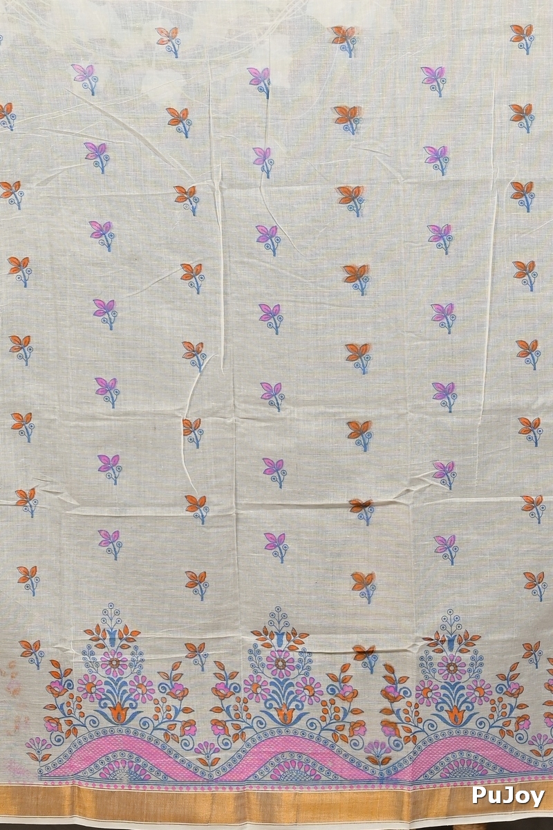 White Red Cotton Blend Variti pritat Tant Saree Print (1884)
