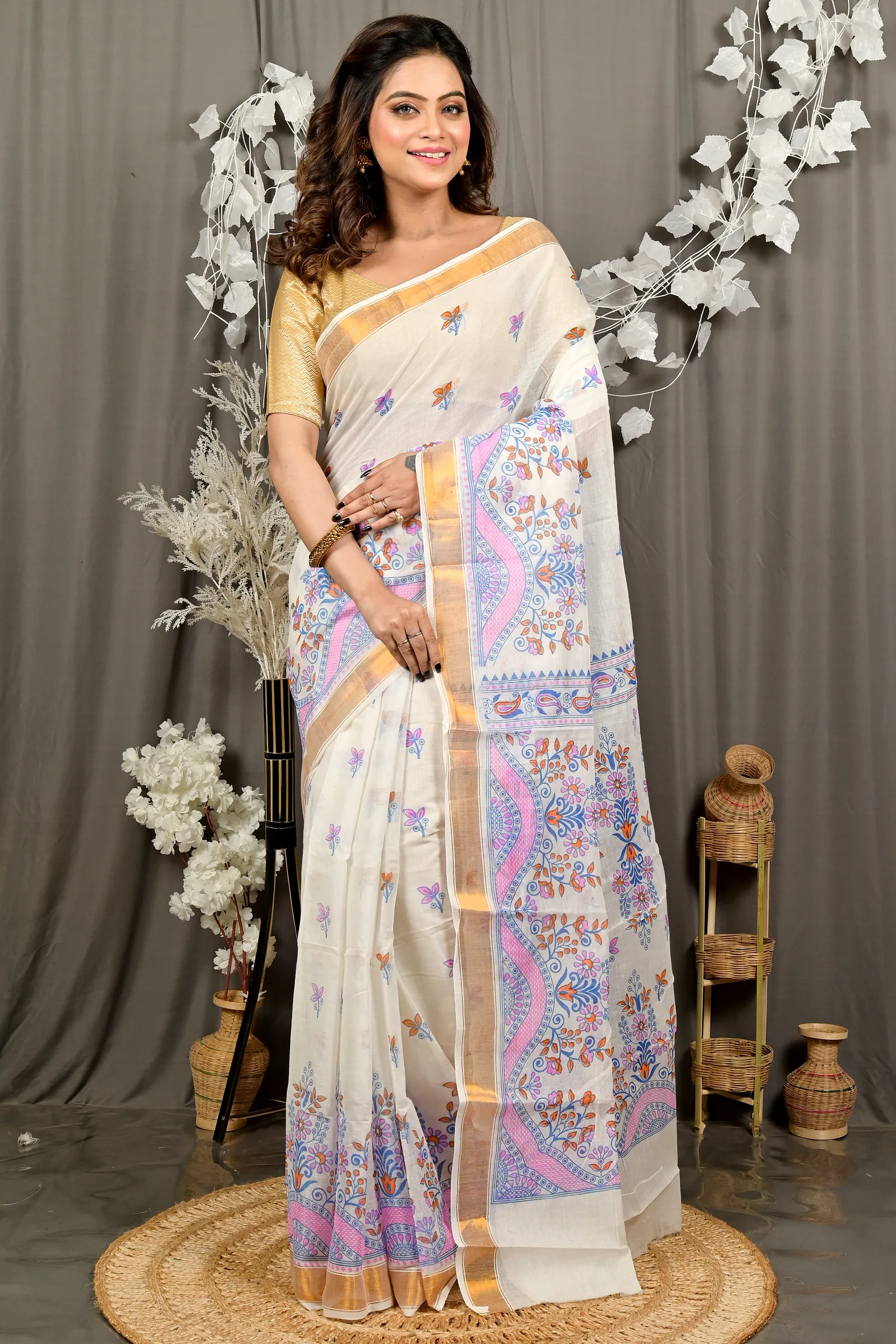 White Red Cotton Blend Variti pritat Tant Saree Print (1884)