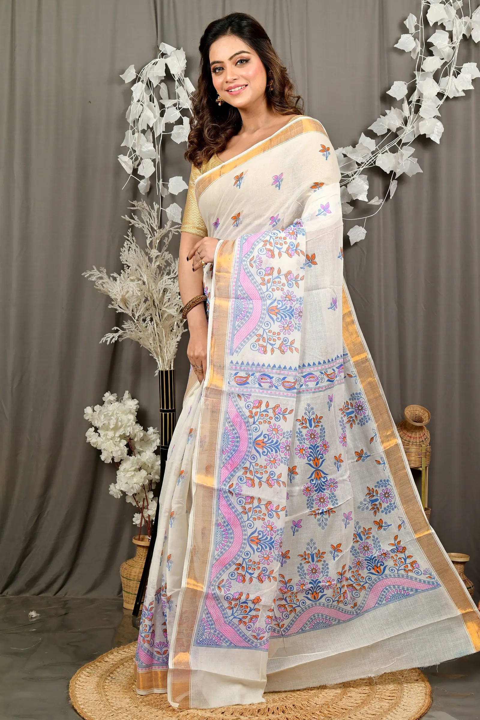 White Red Cotton Blend Variti pritat Tant Saree Print (1884)