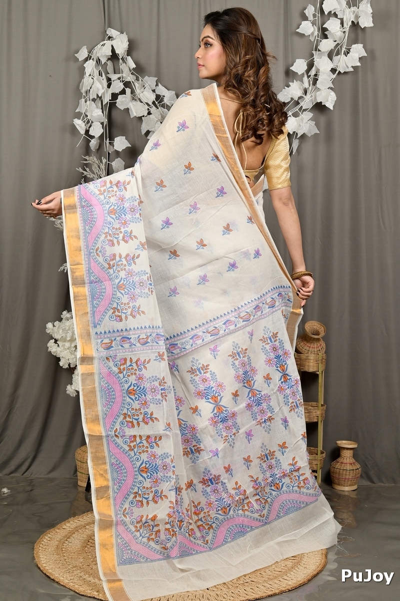 White Red Cotton Blend Variti pritat Tant Saree Print (1884)