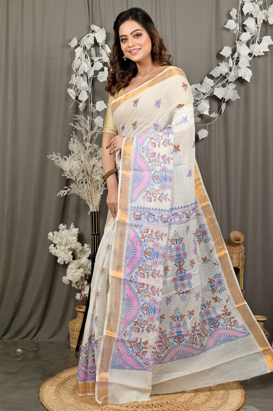 White Red Cotton Blend Variti pritat Tant Saree Print (1884)